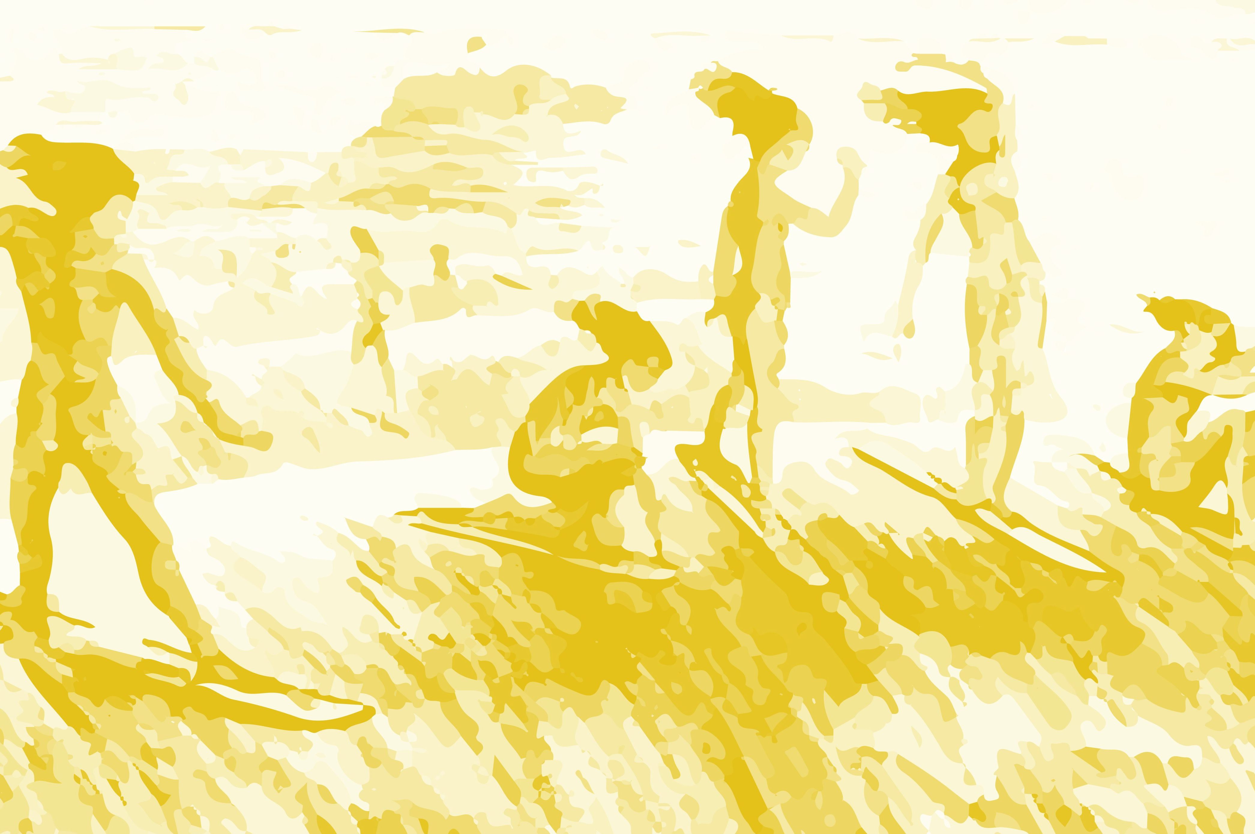 atelier d'édune - Illustration des premiers surfeurs sur des vagues dorées, capturant l'esprit du surf et la connexion à l'océan.